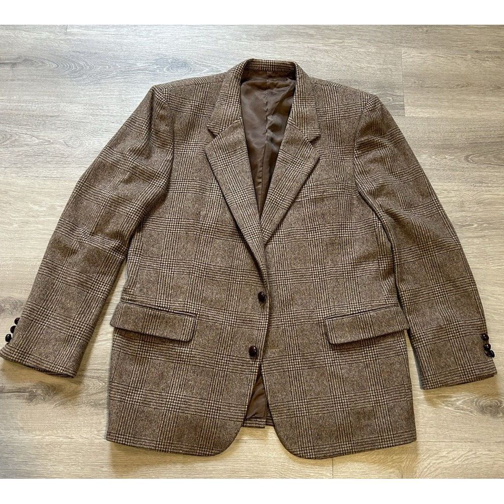 Andre Vachon Mens Two Button Blazer Multicolor Plaid Houndstooth Wool/Camel 44 R